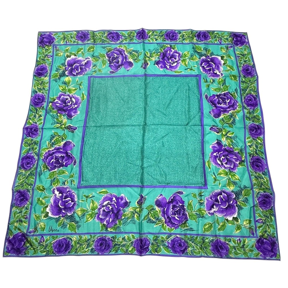 Vera Neumann Silk Scarf Purple Cabbage Roses on Teal Green 29 x 29" Vintage